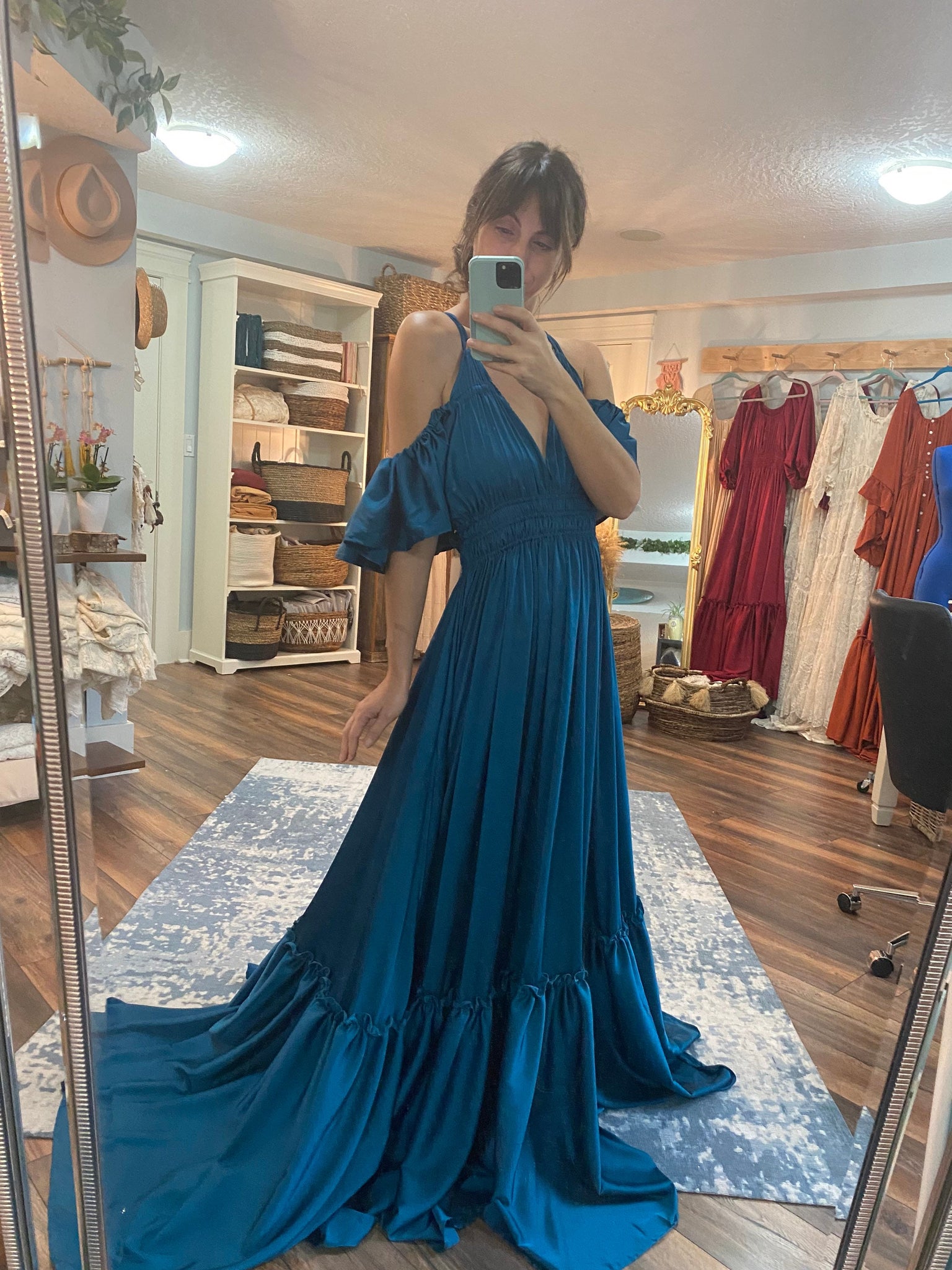 Off Shoulder Tulle Satin Blue Long Prom Gown, Blue Long Evening Dress –  shopluu